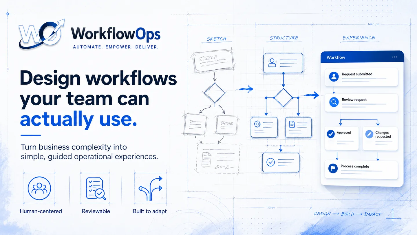 WorkflowOps workflow design progression from sketch to structure to usable workflow experience.