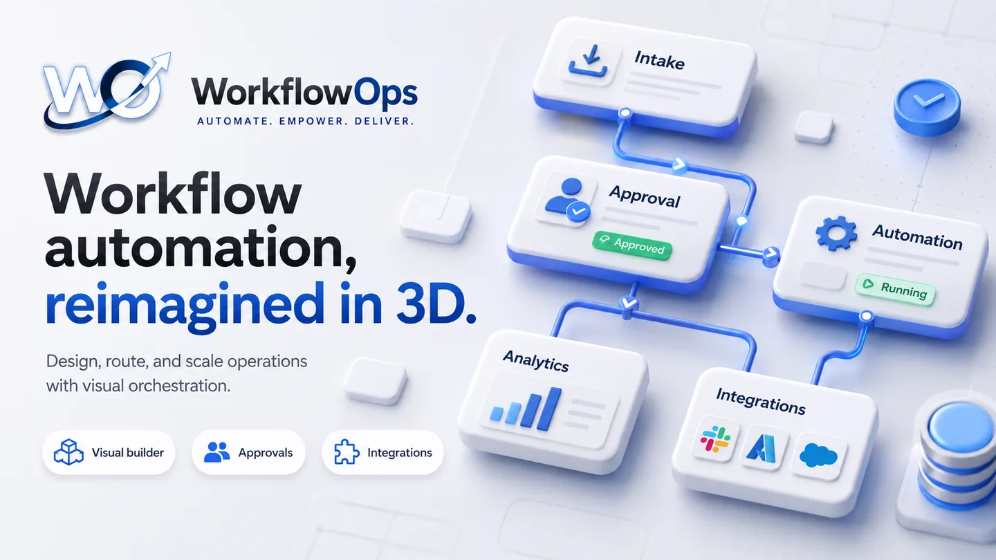 WorkflowOps 3D visual orchestration board with intake, approval, automation, analytics, and integrations.